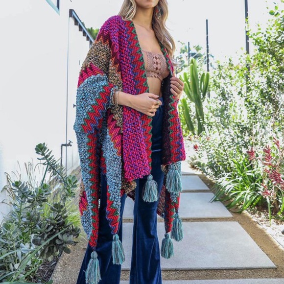 033 Boho Cobalt Blue Multicolor Tassel hem Poncho - Picture 2 of 2